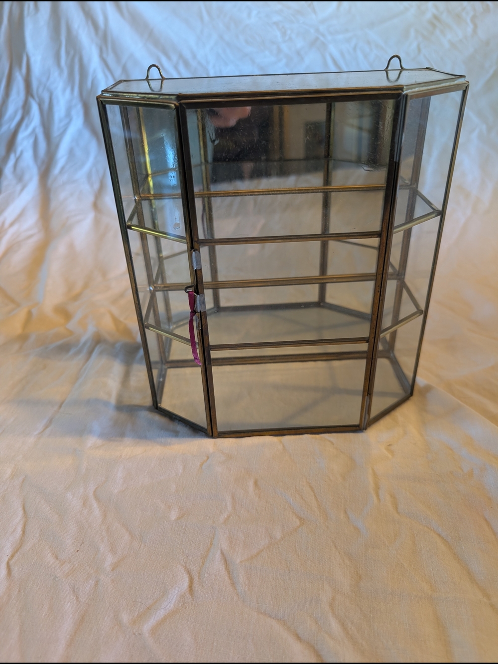 2/120$Vintage Glass curio trinket Display Cabinet with Brass Frame and Pink Pull